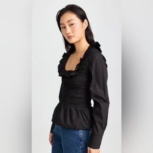 Ganni Cotton Poplin Open Neck Smock Blouse 38